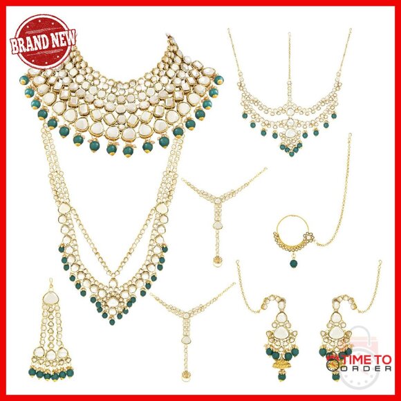 Gold Plated Kundan Bridal Jewelry Set with Pearl Necklace Earrings